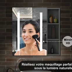 Armoire de toilette avec Miroir LED et Étagère Latérale, Anti-Buée, Éclairage 3 Couleurs + Prise, Anthracite 60x70 cm