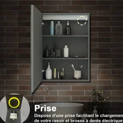 Armoire de toilette avec Miroir LED Anti-Buée, Éclairage 3 Couleurs et Prise Rasoir, Anthracite, 60x70 cm, AICA Sanitaire
