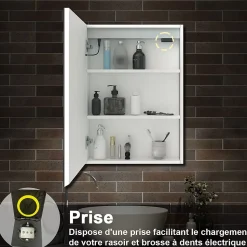 Armoire de toilette avec Miroir LED Anti-Buée, Blanc 60x70 cm, Éclairage 3 Couleurs et Prise Rasoir, AICA Sanitaire