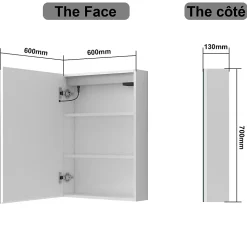 Armoire de toilette avec Miroir LED Anti-Buée, Blanc 60x70 cm, Éclairage 3 Couleurs et Prise Rasoir, AICA Sanitaire