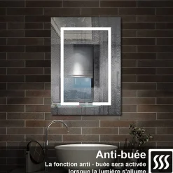 Armoire de toilette avec Miroir LED Anti-Buée, Blanc 60x70 cm, Éclairage 3 Couleurs et Prise Rasoir, AICA Sanitaire