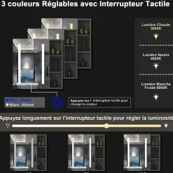 Armoire de toilette avec Miroir LED et Étagère Latérale, Anti-Buée, Éclairage 3 Couleurs + Prise, Anthracite 70x70 cm