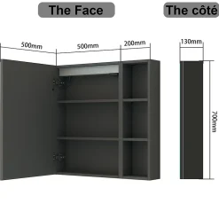 Armoire de toilette avec Miroir LED et Étagère Latérale, Anti-Buée, Éclairage 3 Couleurs + Prise, Anthracite 70x70 cm