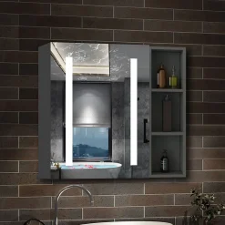 Armoire de toilette avec Miroir LED et Étagère Latérale, Anti-Buée, Éclairage 3 Couleurs + Prise, Anthracite 70x70 cm