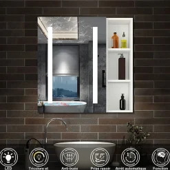 Armoire de toilette avec Miroir LED et Étagère Latérale, Anti-Buée, Éclairage 3 Couleurs + Prise, Blanc 60x70 cm