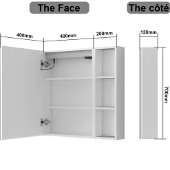 Armoire de toilette avec Miroir LED et Étagère Latérale, Anti-Buée, Éclairage 3 Couleurs + Prise, Blanc 60x70 cm