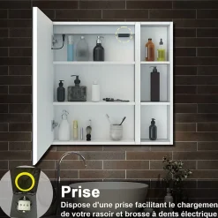 Armoire de toilette avec Miroir LED et Étagère Latérale, Anti-Buée, Éclairage 3 Couleurs + Prise, Blanc 80x70 cm