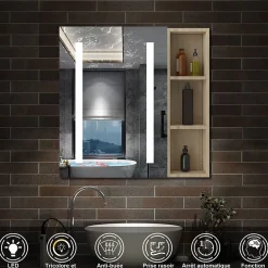 Armoire de toilette avec Miroir LED et Étagère Latérale, Anti-Buée, Éclairage 3 Couleurs + Prise, Chêne 60x70 cm