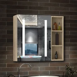 Armoire de toilette avec Miroir LED et Étagère Latérale, Anti-Buée, Éclairage 3 Couleurs + Prise, Chêne 60x70 cm