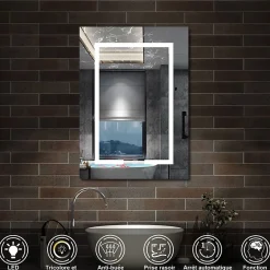 Armoire de toilette avec Miroir LED Anti-Buée, Anthracite 50x70 cm, Éclairage 3 Couleurs et Prise Rasoir, AICA Sanitaire