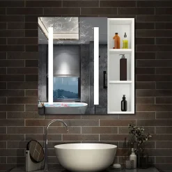 Armoire de toilette avec Miroir LED et Étagère Latérale, Anti-Buée, Éclairage 3 Couleurs + Prise, Blanc 70x70 cm