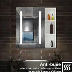 Armoire de toilette avec Miroir LED et Étagère Latérale, Anti-Buée, Éclairage 3 Couleurs + Prise, Blanc 70x70 cm