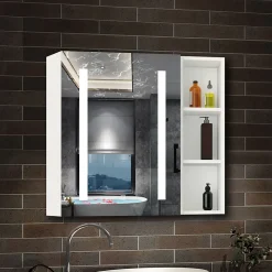 Armoire de toilette avec Miroir LED et Étagère Latérale, Anti-Buée, Éclairage 3 Couleurs + Prise, Blanc 70x70 cm