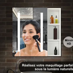 Armoire de toilette avec Miroir LED et Étagère Latérale, Anti-Buée, Éclairage 3 Couleurs + Prise, Blanc 70x70 cm