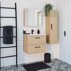 Armoire de toilette effet chêne et 2 portes miroir l.55 x H.54 xP.14,6 cm, Opah