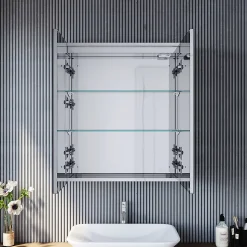 Armoire de toilette en Acier Inoxydable SIRHONA Miroir double 60x70 cm Interrupteur tactile LED + Prise rasoir + Grand rangement
