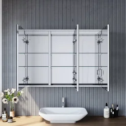 Armoire de toilette en Acier Inoxydable SIRHONA Miroir double 90x65 cm Interrupteur tactile LED + Prise rasoir + Grand rangement