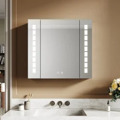 Armoire de toilette en Aluminium SIRHONA Miroir multi-surfaces 65x60 cm Interrupteur tactile LED + Anti-buée + Prise rasoir
