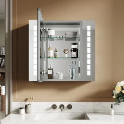 Armoire de toilette en Aluminium SIRHONA Miroir multi-surfaces 65x60 cm Interrupteur tactile LED + Anti-buée + Prise rasoir