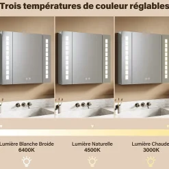 Armoire de toilette en Aluminium SIRHONA Miroir multi-surfaces 65x60 cm Interrupteur tactile LED + Anti-buée + Prise rasoir