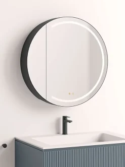 Armoire de toilette LED aluminium MANILLONS 1p miroir diamètre 80 cm P. 14 cm - Nox
