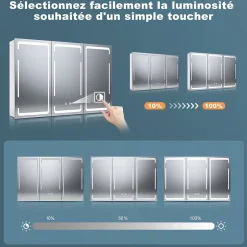 Armoire de toilette LED Blanc 90x60cm SIRHONA avec 3 porte Miroir de salle de bain avec armoire de rangement