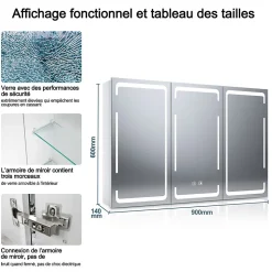 Armoire de toilette LED Blanc 90x60cm SIRHONA avec 3 porte Miroir de salle de bain avec armoire de rangement