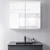 Armoire de toilette MFC 2 portes miroirs, éclairage LED, prise de courant intérieure + 2 tablettes verre, 80x71x19cm (LxHxP), VARO