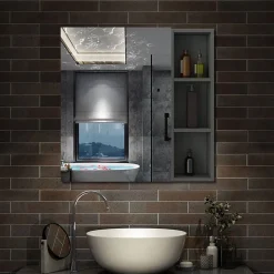 Armoire de Toilette Mural avec Miroir Niches Intégrées et Rangement Fermé - Moderne, Anthracite, 80x70 cm, AICA Sanitaire