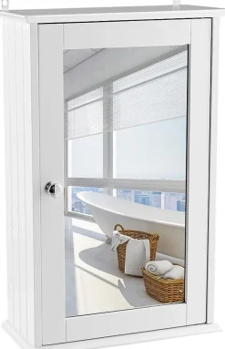 Armoire de Toilette Murale Meuble Mural Salle de Bain en MDF Pente NC avec 1 Porte et Miroir Etagere de Rangement Blanche