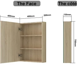 Armoire de Toilette Mural avec Miroir et Rangement - Moderne, Chêne, 40x70 cm, AICA Sanitaire