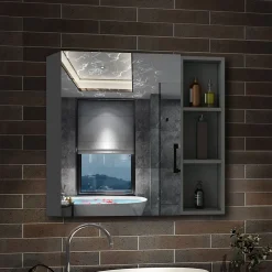 Armoire de Toilette Mural avec Miroir Niches Intégrées et Rangement Fermé - Moderne, Anthracite, 60x70 cm, AICA Sanitaire