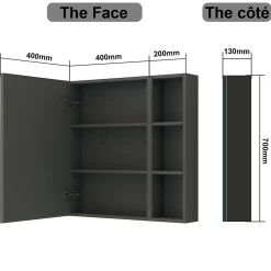 Armoire de Toilette Mural avec Miroir Niches Intégrées et Rangement Fermé - Moderne, Anthracite, 60x70 cm, AICA Sanitaire