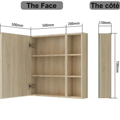 Armoire de Toilette Mural avec Miroir Niches Intégrées et Rangement Fermé - Moderne,Chêne, 70x70 cm, AICA Sanitaire