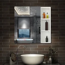 Armoire de Toilette Mural avec Miroir Niches Intégrées et Rangement Fermé - Moderne, Blanc, 80x70 cm, AICA Sanitaire