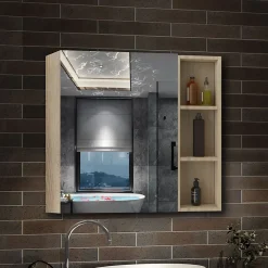 Armoire de Toilette Mural avec Miroir Niches Intégrées et Rangement Fermé - Moderne,Chêne, 80x70 cm, AICA Sanitaire