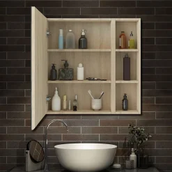 Armoire de Toilette Mural avec Miroir Niches Intégrées et Rangement Fermé - Moderne,Chêne, 80x70 cm, AICA Sanitaire