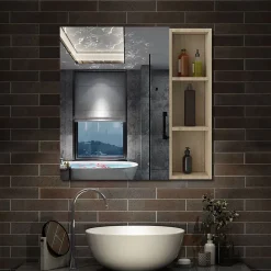 Armoire de Toilette Mural avec Miroir Niches Intégrées et Rangement Fermé - Moderne,Chêne, 60x70 cm, AICA Sanitaire