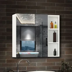 Armoire de Toilette Mural avec Miroir Niches Intégrées et Rangement Fermé - Moderne, Blanc, 60x70 cm, AICA Sanitaire