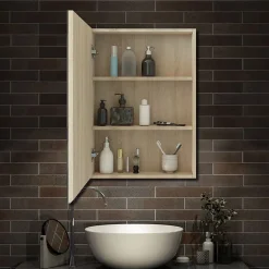 Armoire de Toilette Mural avec Miroir et Rangement - Moderne, Chêne, 60x70 cm, AICA Sanitaire