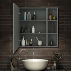 Armoire de Toilette Mural avec Miroir Niches Intégrées et Rangement Fermé - Moderne, Anthracite, 70x70 cm, AICA Sanitaire