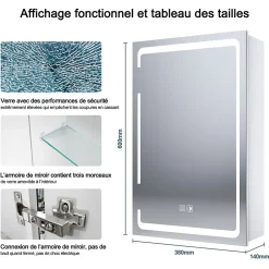Armoire de toilette SIRHONA miroir de salle de bain avec lumière LED 3 couleurs,38x60cm, meuble de rangement blanc anti-buée