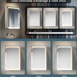 Armoire de toilette SIRHONA miroir de salle de bain avec lumière LED 3 couleurs,38x60cm, meuble de rangement blanc anti-buée