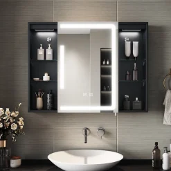Armoire de toilette SIRHONA Grand Rangement 60x75 cm + Interrupteur tactile + Température LED tricolore + Anti-buée + Prise rasoir