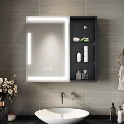 Armoire de toilette SIRHONA Etagère de Rangement 65x60cm+Touch+LED Température Tri-Couleur+ Anti-buée+Prise rasoir