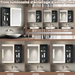 Armoire de toilette SIRHONA Etagère de Rangement 65x60cm+Touch+LED Température Tri-Couleur+ Anti-buée+Prise rasoir