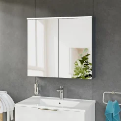Armoire de toilette suspendue Anthracite mat 80x18x70cm (LxPxH) 2 portes miroir, éclairage LED, tablettes en verre - SOLO