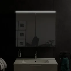 Armoire de toilette suspendue Anthracite mat 80x18x70cm (LxPxH) 2 portes miroir, éclairage LED, tablettes en verre - SOLO