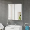 Armoire de toilette suspendue Blanc mat 60x18x70cm (LxPxH) 2 portes miroir, éclairage LED, tablettes en verre - SOLO
