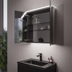 Armoire de toilette suspendue miroir 40x19x71cm (LxPxH), charnière à droite, éclairage LED, tablettes en verre - VARO